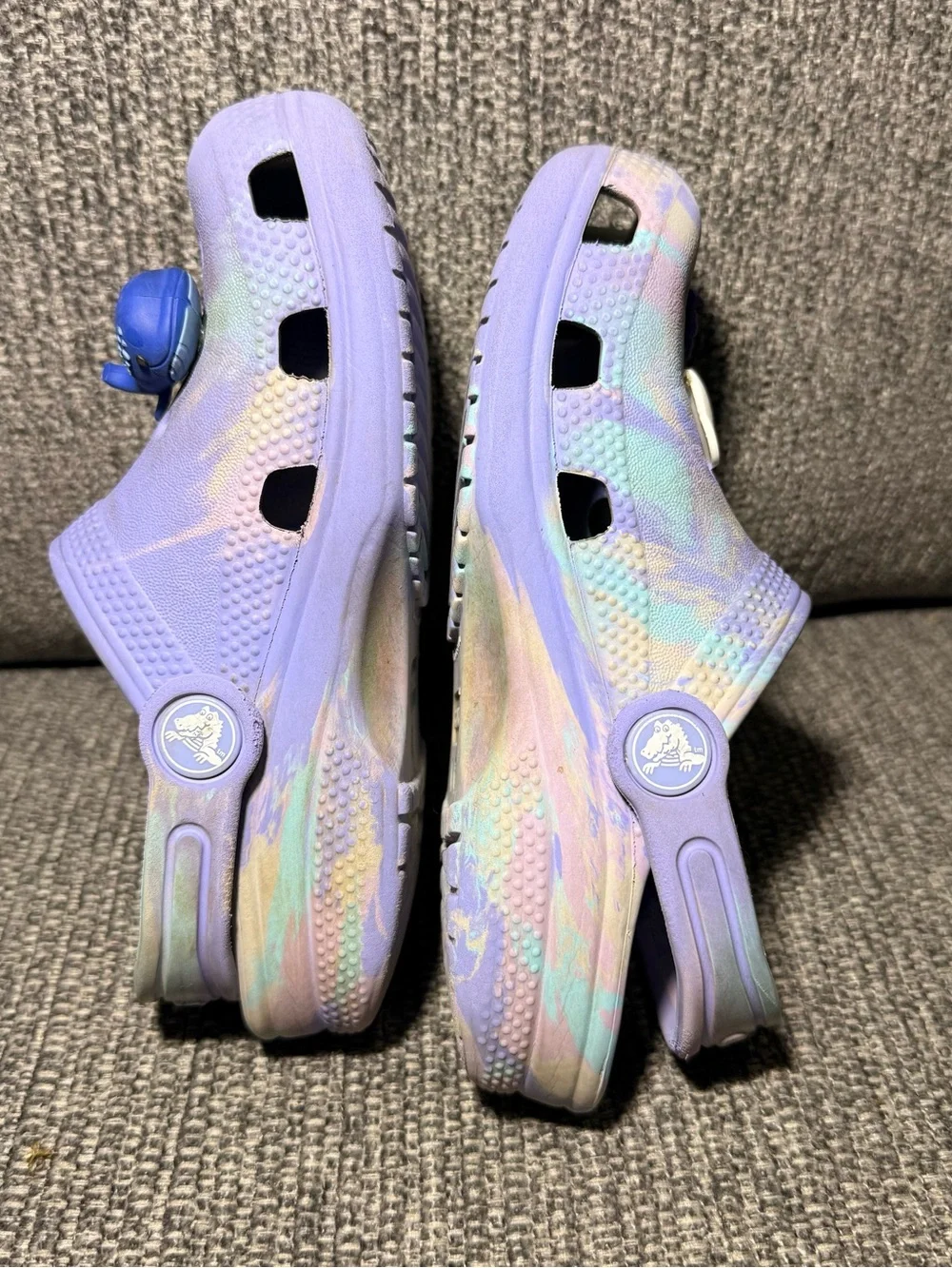 Crocs Kids' Classic Marbled Clogs in a purple/pink and blue  size C11